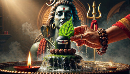 Offering Bel Patra to a Shiva Lingam with Lord Shiva’s Blessing, adorned with rudraksha beads and flowing water.