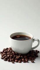 Obraz premium A single white cup filled to the brim with dark coffee beans, close-up, still life