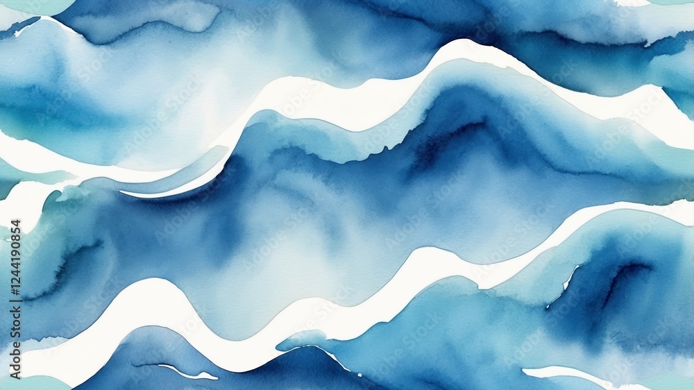 Poster abstract design of flowing blue waves in a watercolor style creating a calming effect