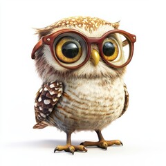 Obraz premium Little owl wearing tiny glasses, isolated on white background