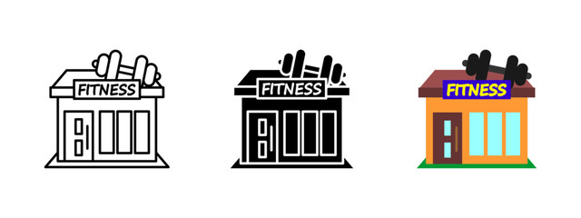Gym fitness center icon. Workout and training vector illustration. Bodybuilding and weightlifting symbol. Exercise and health sign. Sport and strength pictogram. Fitness club building concept.