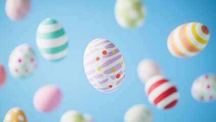 Obraz premium Colorful patterned eggs soaring on a white background with a blue backdrop. Easter greeting card. Banner.