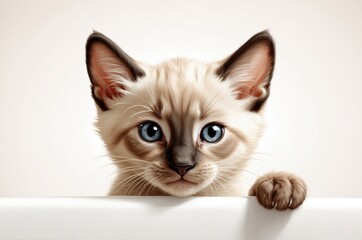 Cute adorable domestic curious cat kitten animal with its paws peeking over a white surface, photorealistic illustration on isolated background texture design.
