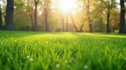 landscape of freshly cut grass in a spring park