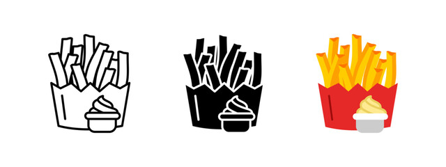 French fries icon. Crispy potato sticks with dipping sauce vector illustration. Fast food snack symbol. Fried side dish sign. Unhealthy yet delicious meal pictogram.