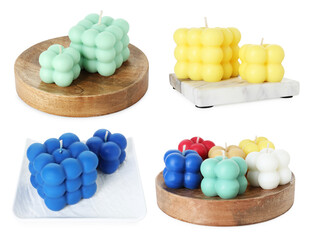 Different trendy bubble candles on white background, set