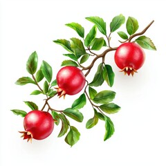 Obraz premium Pomegranate tree branch with round red fruits and vibrant green leaves, isolated on white background