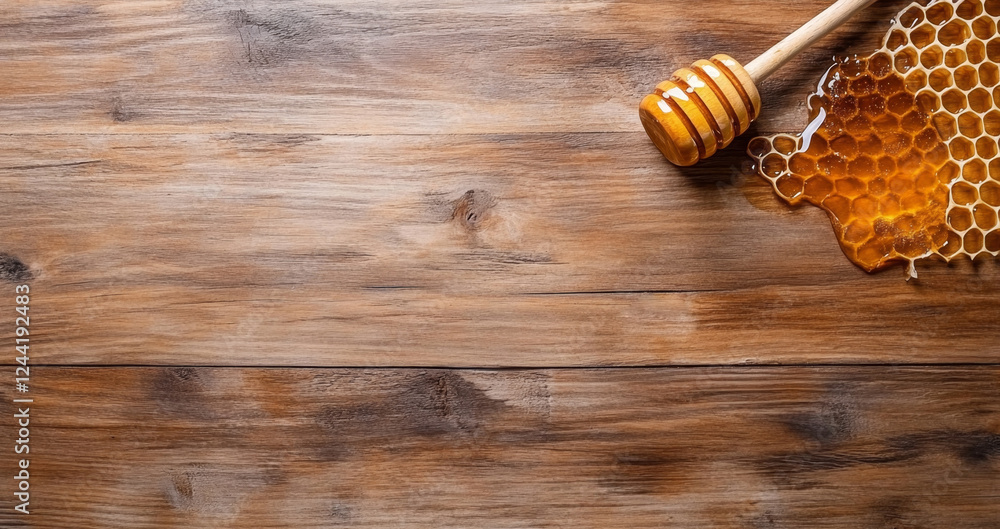 Aufkleber golden honey flows over a honeycomb resting on a weathered wooden surface. the liquid creates a shin