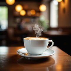 Fototapeta premium Creamy coffee swirl, bokeh lights, blurred cafe setting, blur, design
