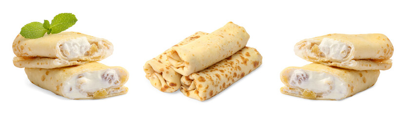 Delicious rolled stuffed crepes isolated on white, set