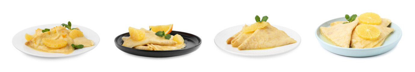 Delicious crepes with orange slices isolated on white, set