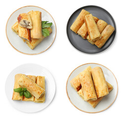 Delicious rolled stuffed crepes isolated on white, set. Top view