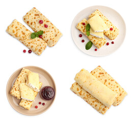 Delicious rolled stuffed crepes isolated on white, set. Top view
