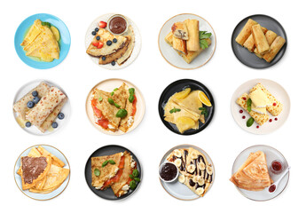 Different tasty crepes isolated on white, set. Top view