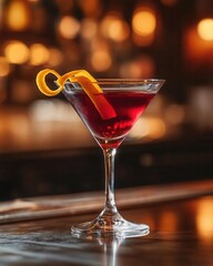 Cosmopolitan Cocktail Served in a Dimly Lit Bar with Moody Atmosphere and Warm Tones