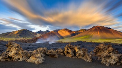 Breathtaking Volcanic Landscape of Iceland at Sunrise. Majestic mountains and dramatic volcanic formations under a beautiful sky. A stunning view of nature's power.