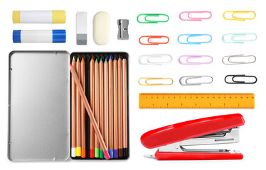 Paper clips in different colors and other stationery isolated on white, set