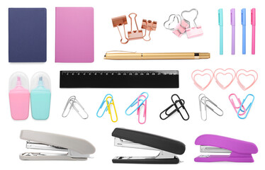 Different paper clips and other stationery isolated on white, set