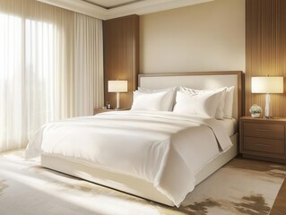 Cozy Bedroom Interior in Pastel Brown Featuring a Large Double Bed Designed for Hotel Luxury Comfort