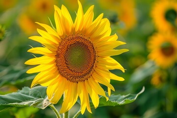 Fototapeta premium Bright yellow sunflower head is growing in the agricultural field on a sunny summer day