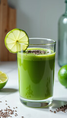 Vibrant green smoothie with lime and chia seeds in glass