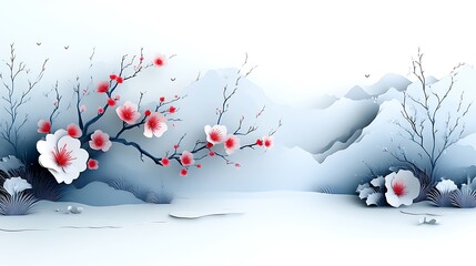 Serene Blossom Trees and Mountain Landscape Art