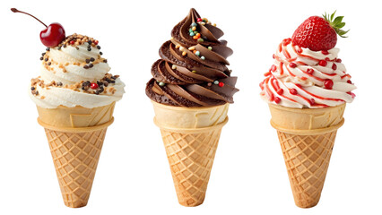 Delicious Ice Cream Cones with Chocolate, Strawberry, and Vanilla Flavors on Waffle Cones"