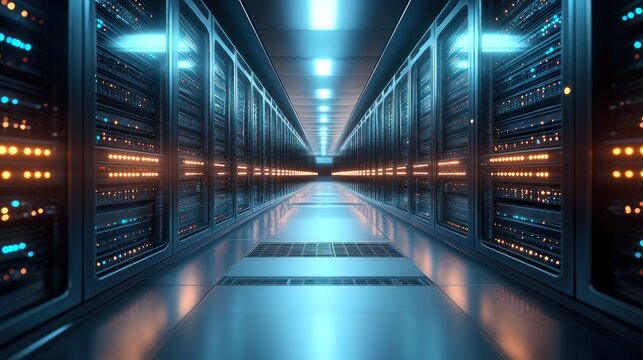 Data center server room corridor, glowing lights, technology infrastructure, network, digital