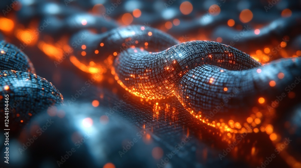 Poster abstract representation of interconnected chains glowing with orange light against a dark background