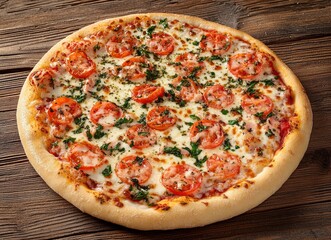 Margherita pizza with tomato and basil on a wooden background, top view, stock photo contest winner, high-resolution photo,