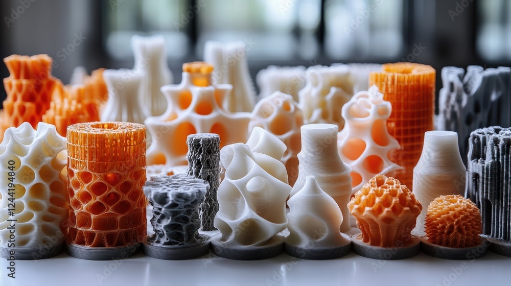 Aufkleber colorful and intricate 3d-printed sculptures displayed on a table in a bright studio setting
