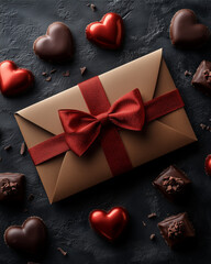 Sweetest Valentine's Day Gift: A beautifully wrapped brown gift box adorned with a vibrant red satin bow surrounded by exquisite heart-shaped chocolates. Perfect for capturing the essence of love.