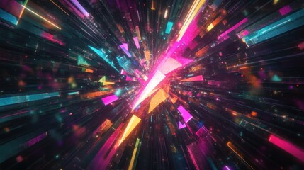 Obraz premium Abstract colorful geometric shapes exploding outwards, creating dynamic vibrant background for creative use