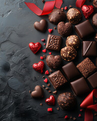 Decadent Chocolate Assortment: An assortment of dark chocolate candies in various shapes and sizes, including heart-shaped chocolates, arranged artfully on a dark surface with red ribbon accents.
