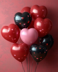 Romantic Heart Balloons: A cluster of heart-shaped balloons in shades of red, pink, and black, adorned with tiny hearts, creates a romantic and festive atmosphere.