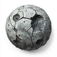 planet made of rock and metal, resembling a giant asteroid with craters and cracks on a white background