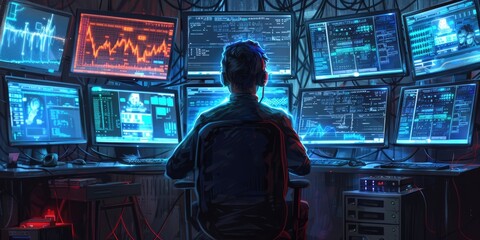 male office employee analyzes business indicators on a computer monitor, visualizes financial stock charts and drawings, business planning department, digital workspace