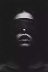 Woman with blindfolded eyes, dark mode, b&w, Generative AI