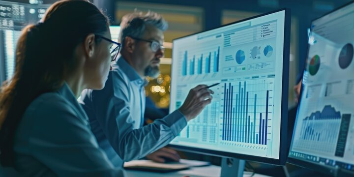 financial consultants analyze business indicators on a computer monitor, visualize financial stock charts and drawings, business planning department, digital workspace - Powered by Adobe