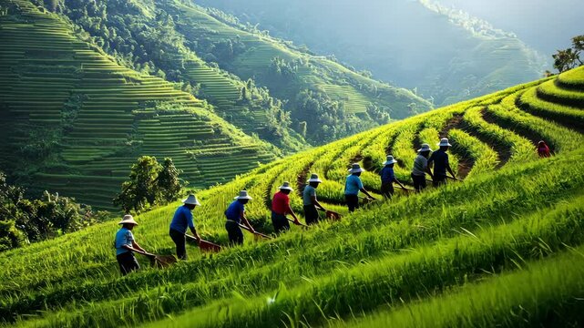 Farmers tending lush terrace rice fields at sunrise with vibrant patterns
