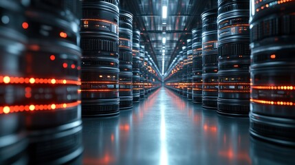 Data center servers glowing, futuristic architecture, network infrastructure, digital technology, storage