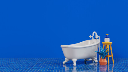 Minimalist Blue Bathroom with Freestanding Bathtub..
