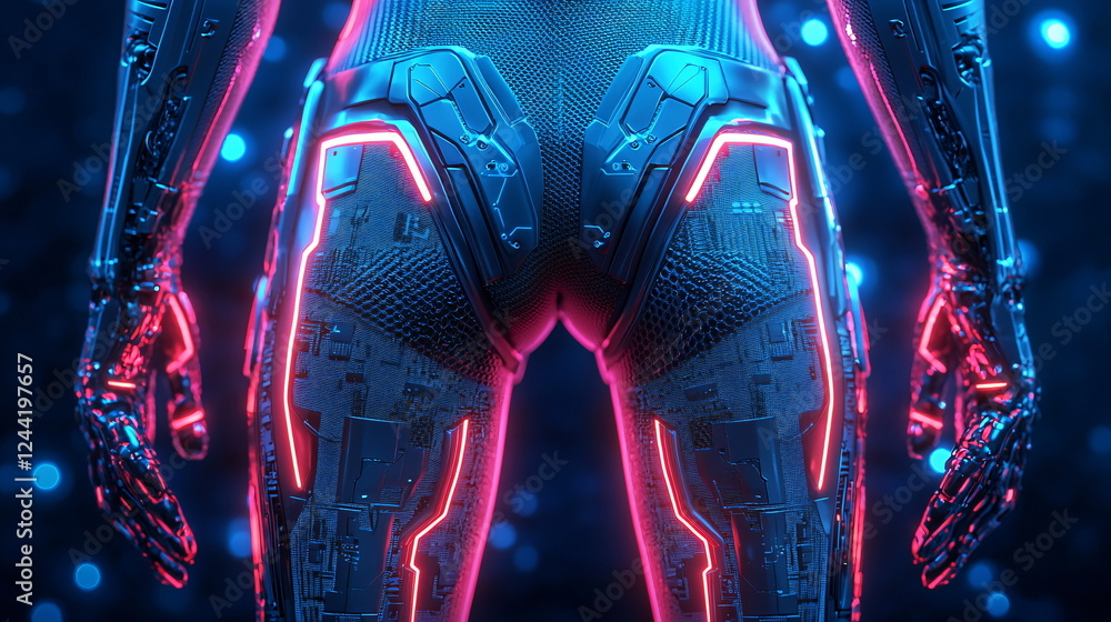 Poster futuristic humanoid figure with illuminated circuits standing against a digitally enhanced backgroun