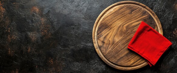 Minimal background with a round wooden pizza board and a red napkin on a dark stone table, top view with copy space . 