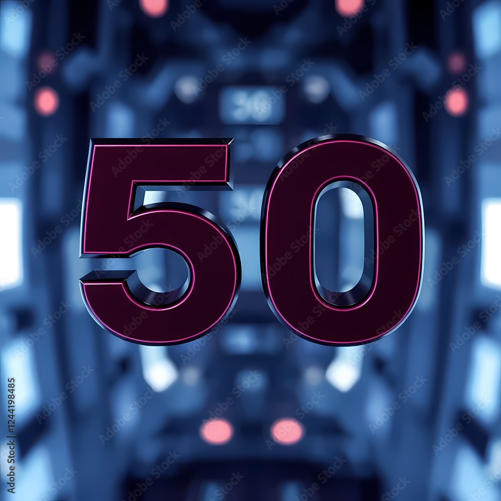Poster vibrant display of the number fifty illuminated in a futuristic setting at nighttime. generative ai