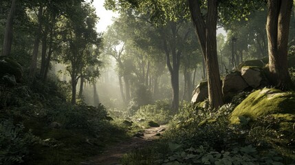 Obraz premium Enchanted Forest Path: A Misty, Lush, and Tranquil Woodland Experience