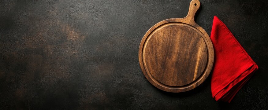 Minimal background with a round wooden pizza board and a red napkin on a dark stone table, top view with copy space .  - Powered by Adobe