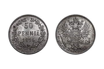 50 Pennia 1916 coin. Coin of Finland. Coin 50 pennia 1916 Obverse and Reverse on white background. Russian imperial eagle with Finnish coat of arms in the middle