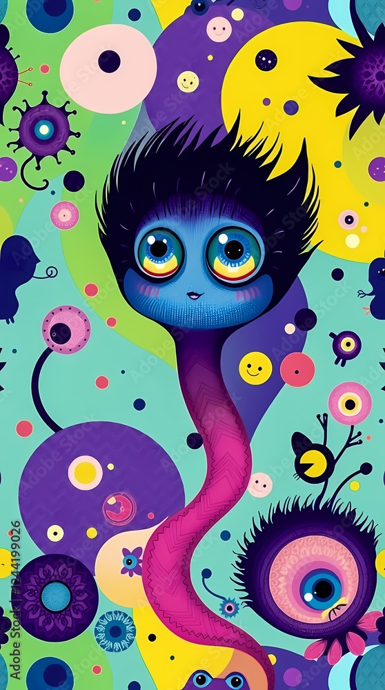 Poster colorful and whimsical character surrounded by playful elements in a vibrant, abstract setting. gene