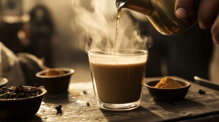 Traditional Indian hot drink with milk and spices - Masala tea. Organic ayurvedic chai, herbal drink.